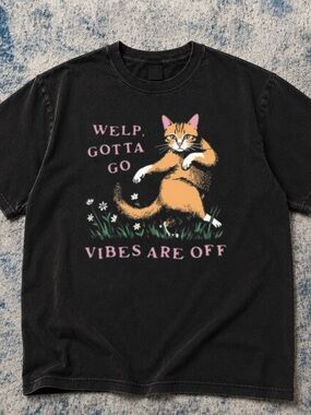 Gildan Black Tee with Orange Cat and Pink Text